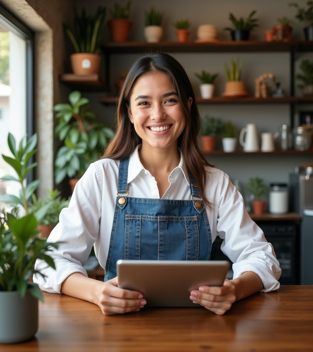 Emprendedora sonriente en el mostrador de su negocio
